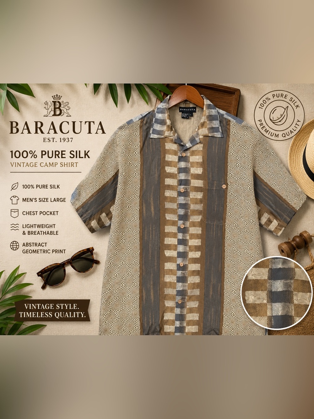 Baracuta 100% Silk Abstract Geometric Camp Shirt Men’s Large Button Up Shirt